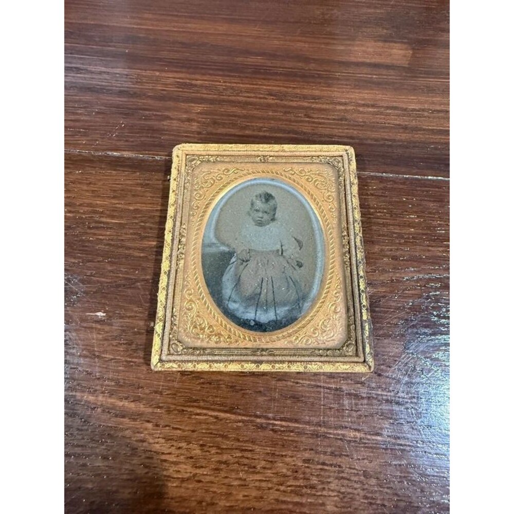Antique 1850s Child Portrait Ambrotype Photo Ornate Brass Mat Leather Half Case